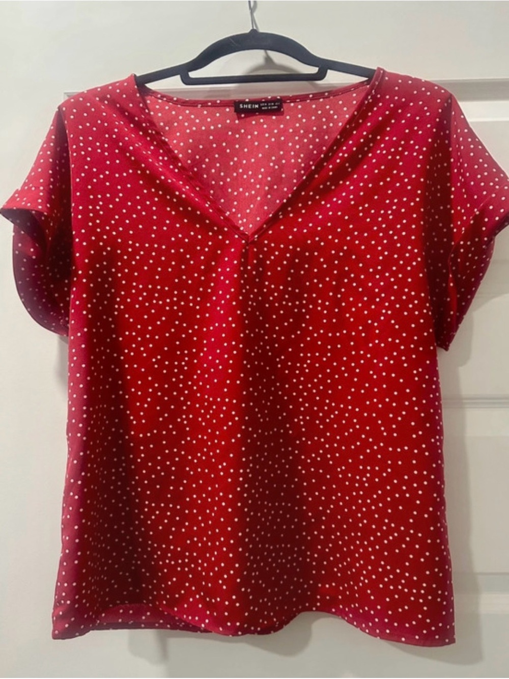 SHEIN Red White Polka Dot V-Neck Short Sleeve Blouse